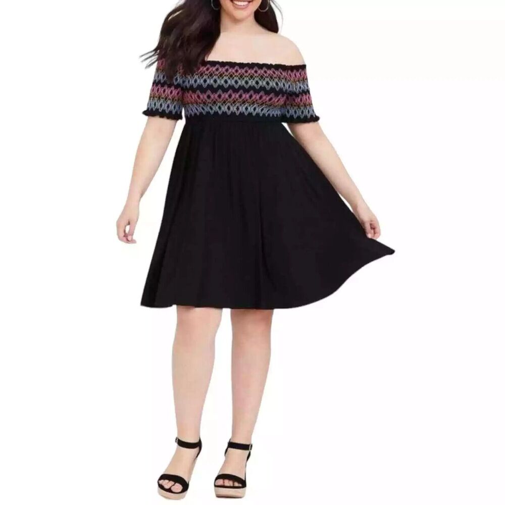 torrid Black Off-Shoulder Mini Dress with Multicolor Smocked Yoke